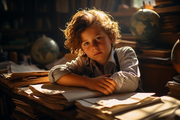 Schooljongen zit aan het bureau op school.