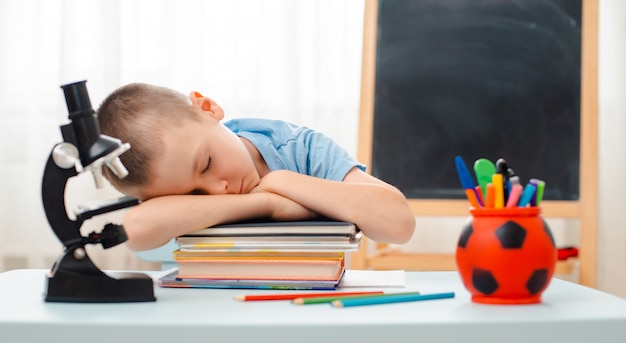 Schooljongen zitten thuis klaslokaal liggend bureau gevuld met boeken trainingsmateriaal schoolkind slapen lui verveeld