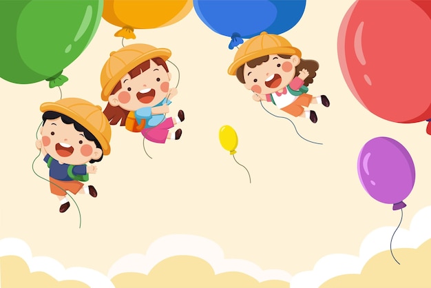 Photo schoolkids flying with balloons