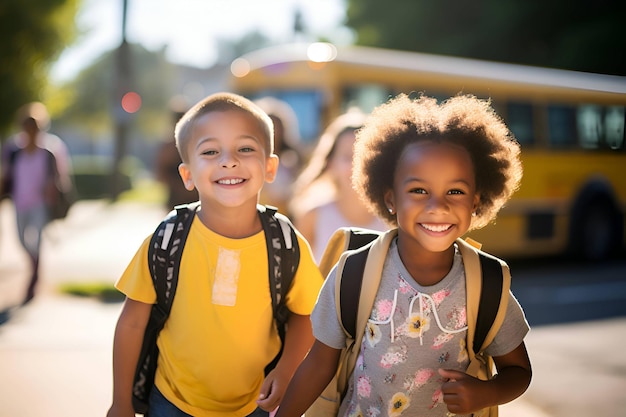 Schoolkinderen in de buurt van de schoolbus Generatieve AI 2