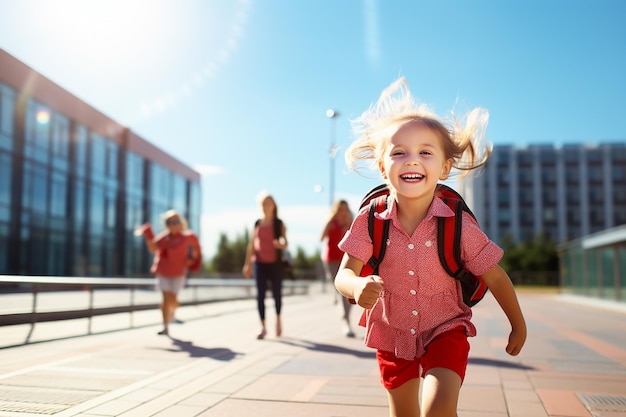 Foto schoolkinderen in uniform lopen op straat bij de school