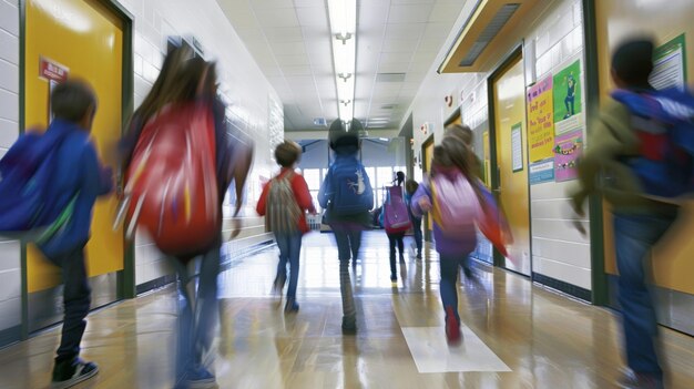 Schoolkinderen rennen in de gang van de basisschool.