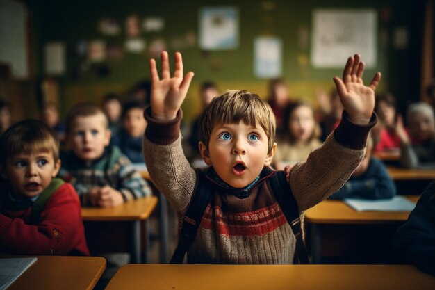 Foto schoolkinderen steken hun handen op in de klas.