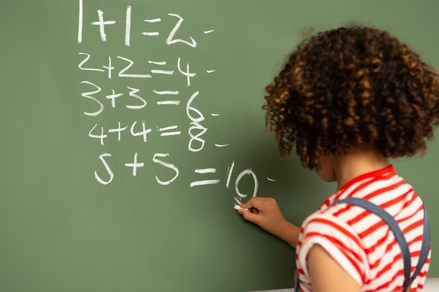 Schoolmeisje dat wiskundige formules op het groene bord oplos in de klas.