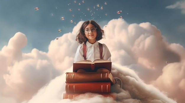 Schoolmeisje leest het boek in de lucht vliegend in haar dromen en fantasieën Leerconcept met een klein meisje in de onderwijswereld Gegenereerde AI