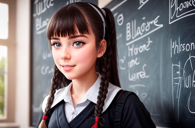 Schoolmeisje Mooi meisje in schooluniform dichtbij bord Generatieve AI