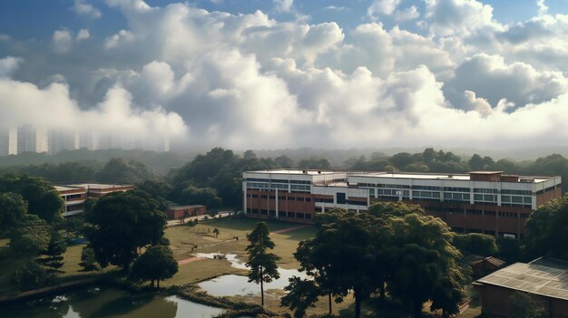 학교 캠퍼스와 일부 구름은 지역 전망에서 볼 수 있습니다.
