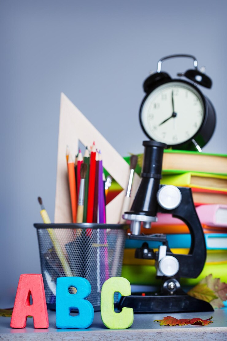 Schoolspullen op het bureau