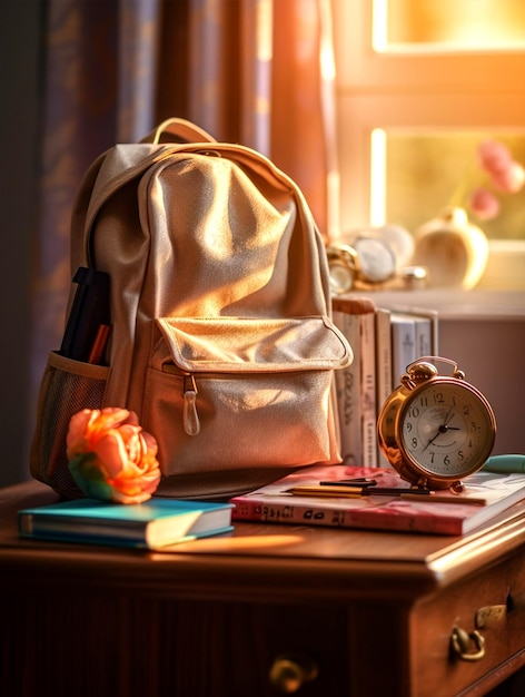 Schooltas en boeken op houten tafel met schoolelementen voor raam