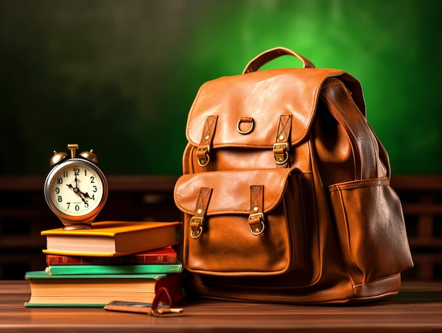 Schooltas en boeken op houten tafel met schoolelementen