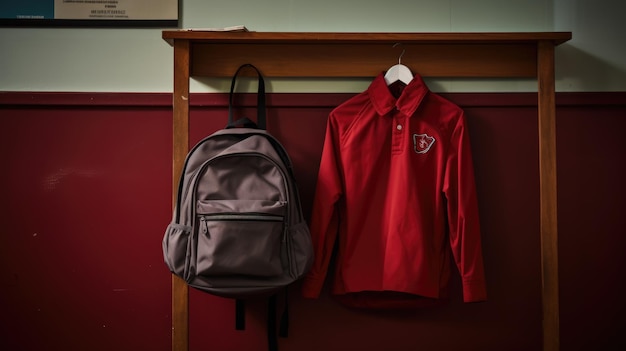 Foto schooluniform en schooltas hangen aan een haak tegen de muurgemaakt met generatieve ai-technologie