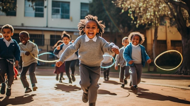 子供たちが遊びをし笑い声が響く活動に満ちた学校の庭