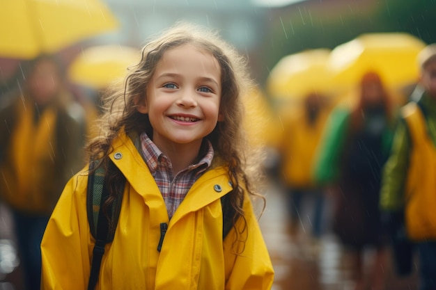 雨 の 下 の 学校 の 庭 に 行く 遊び と 勉強 の バランス