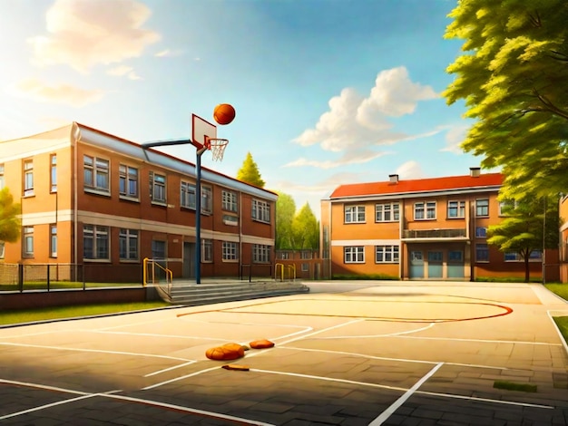 Schoolyard with basketball court and school building exterior in the sunny evening School yard with