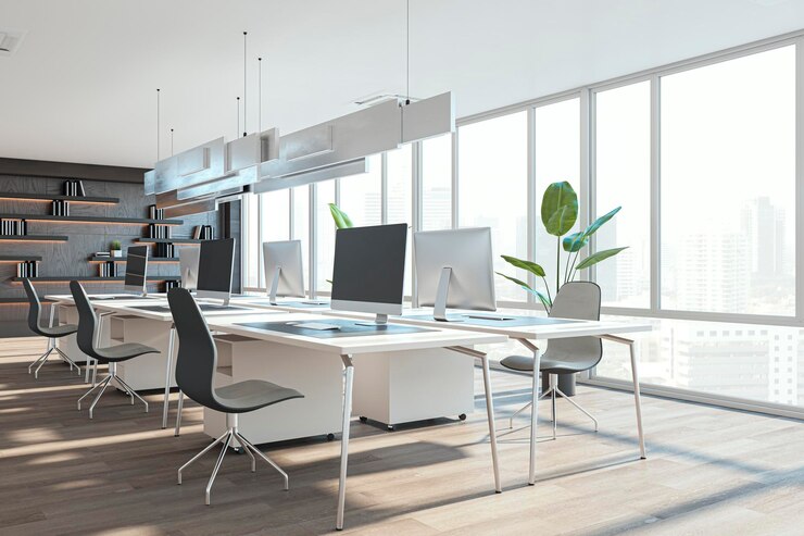 Foto schoon coworking kantoor interieur met betonnen muur houten vloer vensters met uitzicht op de stad zonlicht schaduwen en meubels 3d rendering