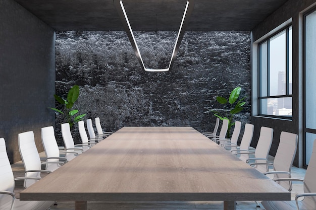 Schoon designer stenen vergaderruimte interieur met houten tafel stoelen decoratieve planten en raam met uitzicht op de stad Instap- en presentatieconcept 3D Rendering