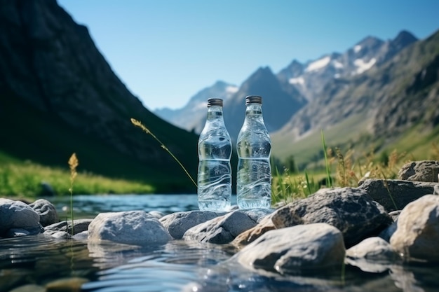 schoon drinkwater in een fles tegen de achtergrond van een meer en bergen Generatieve AI