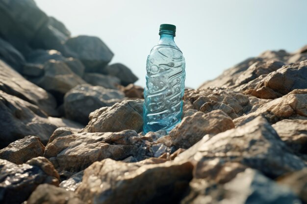 schoon drinkwater in een fles tegen de achtergrond van een meer en bergen Generatieve AI