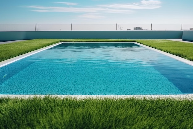 Schoon en smakelijk blauw zwembad klaar om te duiken met groen gras rond Generative AI