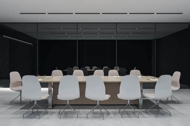 Schoon glas vergaderruimte interieur met meubels en reflecties Wet en juridisch commercieel werkplekconcept 3D-rendering