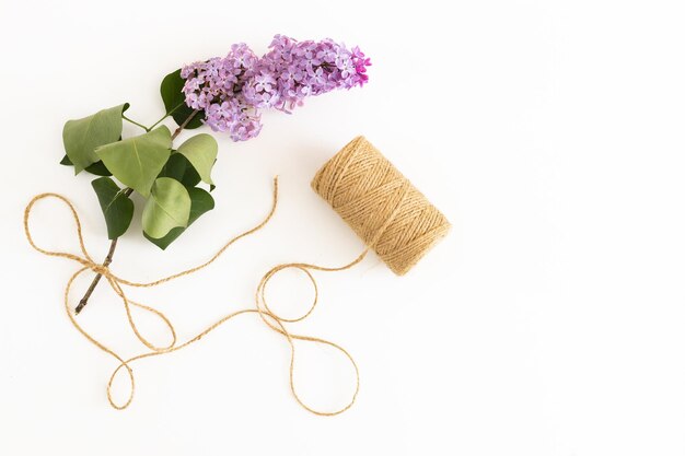 Schoon Kladblok met lente lila bloemen op witte houten achtergrond