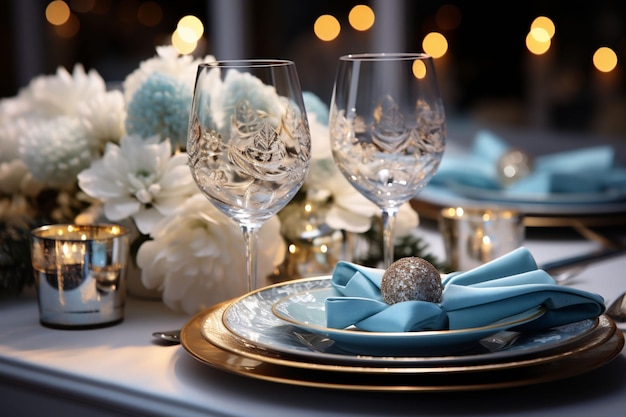 Schoon versierde tafel voor kerstdiner met schotels blauwe decoraties