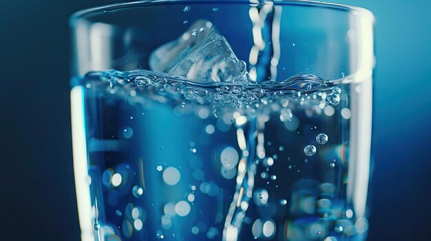 Foto schoon water dat in glas wordt gegoten op een blauwe achtergrond ter bevordering van de gezondheid