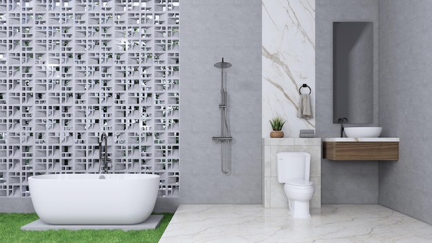 Schoon wit toilet met bad, douche en bidet, 3D-rendering