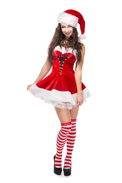 Schoonheid brunette meisje in kerstmuts op witte background