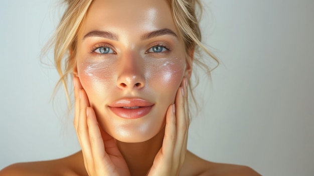 Foto schoonheid huid hoofd en schouders van blonde vrouw model aanraken gloeiende gehydrateerde gezichtshuid toepassen toner huidcrème of lotion voor gezonde look na de douche portret witte achtergrond