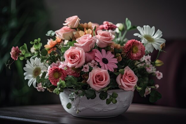 Schoonheid in bloei Een prachtig roze rozenboeket in een decoratieve bloemenvaas Generatieve AI