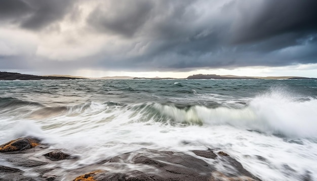 Schoonheid in de natuur dramatische lucht boven de horizon verpletterende golven gegenereerd door AI