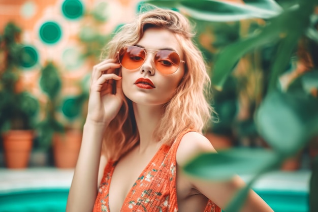 schoonheid jonge vrouw in zonnebril genieten met haar zomervakantie bij zwembad generatieve AI