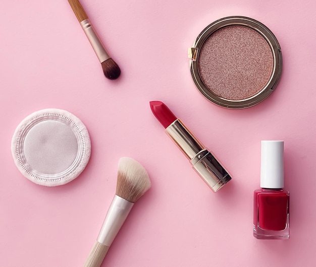 Schoonheid make-up en cosmetica flatlay ontwerp met copyspace cosmetische producten en make-up tools op roze achtergrond girly en vrouwelijk stijlconcept