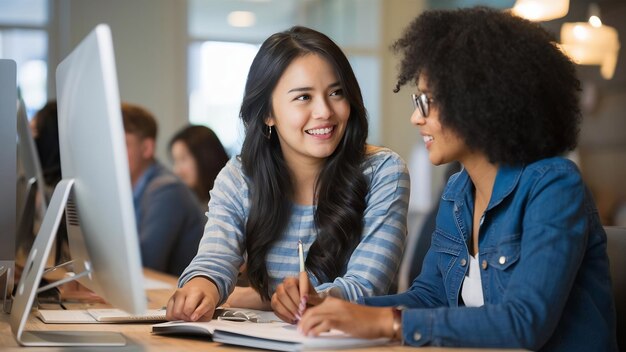 Schoonheid met vriend man en vrouw communiceren studenten studeren computerwetenschappen