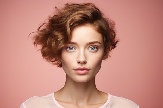 Foto schoonheid schattig modemodel met natuurlijke make-up op roze achtergrond deens meisje portret