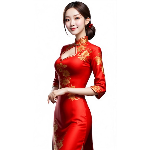 Foto schoonheid vrouw die rood draagt cheongsam gelukkig glimlachende witte achtergrond beelden met ai gegenereerd