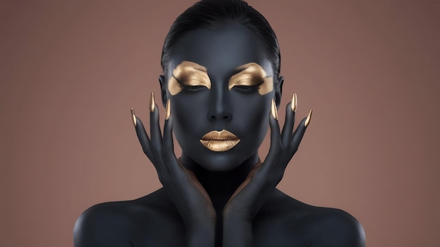 Schoonheid vrouw geschilderd in zwarte huid kleur lichaam kunst goud make-up lippen oogleden vingertoppen nagels in goud