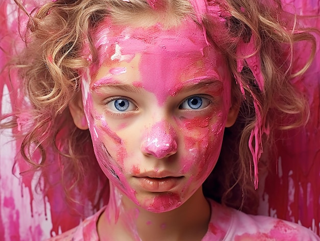 Foto schoonheid vrouw gezicht geschilderd in roze kleur verf roze make-up