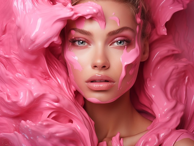 Schoonheid vrouw gezicht geschilderd in roze kleur verf roze make-up