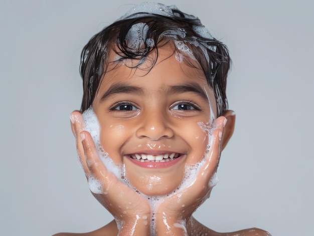 Schoonheidskliniek huidverzorging leuke Indiase jongen die poseert voor gezichtswas