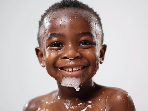 Schoonheidskliniek huidverzorging schattige Afrikaanse kleine jongen poseert gezichtswas