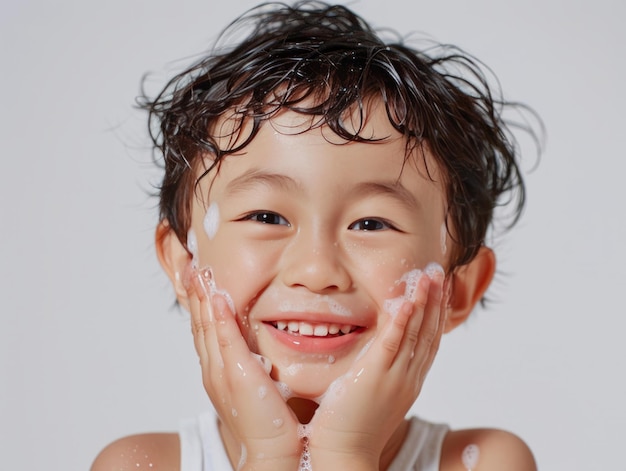 Schoonheidskliniek huidverzorging schattige Aziatische kleine jongen poseert gezichtswas