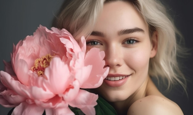 Schoonheidsportret van blond haar lachende jonge vrouw met roze pioen in de hand geïsoleerd op witte achtergrond generatieve AI