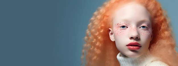 Schoonheidsportret van een albino meisje met gestileerd haar en roze bloemen concept van een schoonheidssalon huidverzorgingsruimte voor tekst