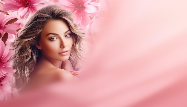 Schoonheidsportret van vrouw met bloemen op roze achtergrond voorjaarsconcept