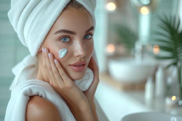 Foto schoonheidsroutine vrouw die cosmetische olie op haar gezicht aanbrengt