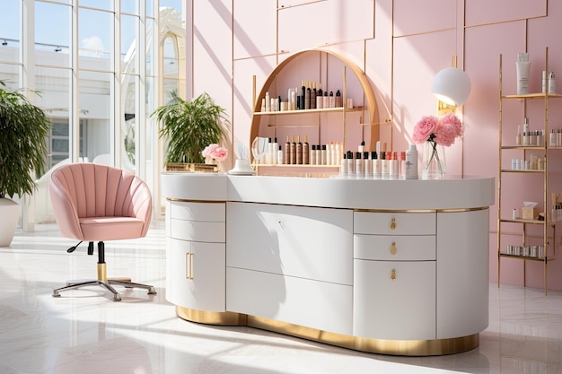 schoonheidssalon interieur in roze kleuren met witte meubels