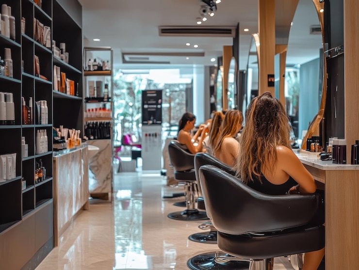 Foto schoonheidssalon met klanten die verschillende schoonheidsdiensten ontvangen