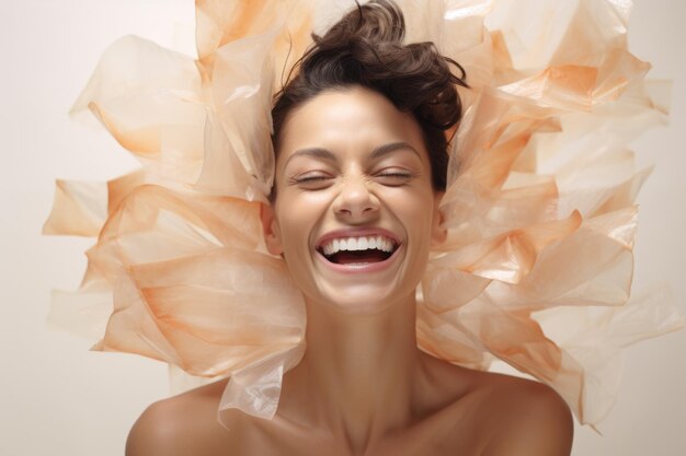 Schoonheidsvrouw die haar vreugde en glimlach uitdrukt op een witte achtergrond natuurlijke cosmetica voor gezichtsbevochtigende crème